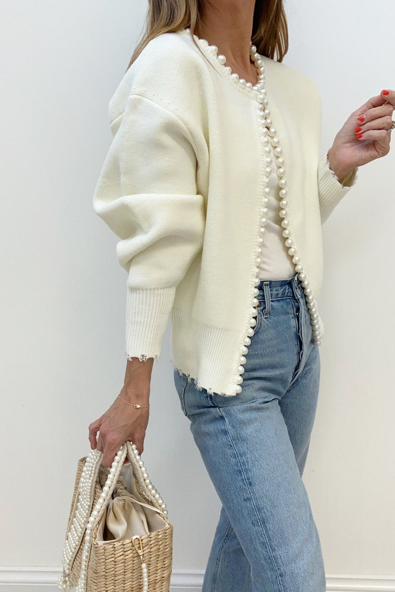 Pearl Trim Luxe Frayed Cardigan