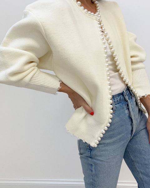 Pearl Trim Luxe Frayed Cardigan