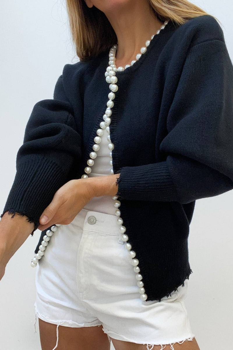 Pearl Trim Luxe Frayed Cardigan