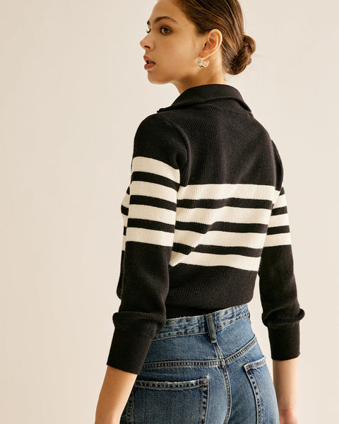 Zipper Striped Knit Sweater - Modern Casual Look