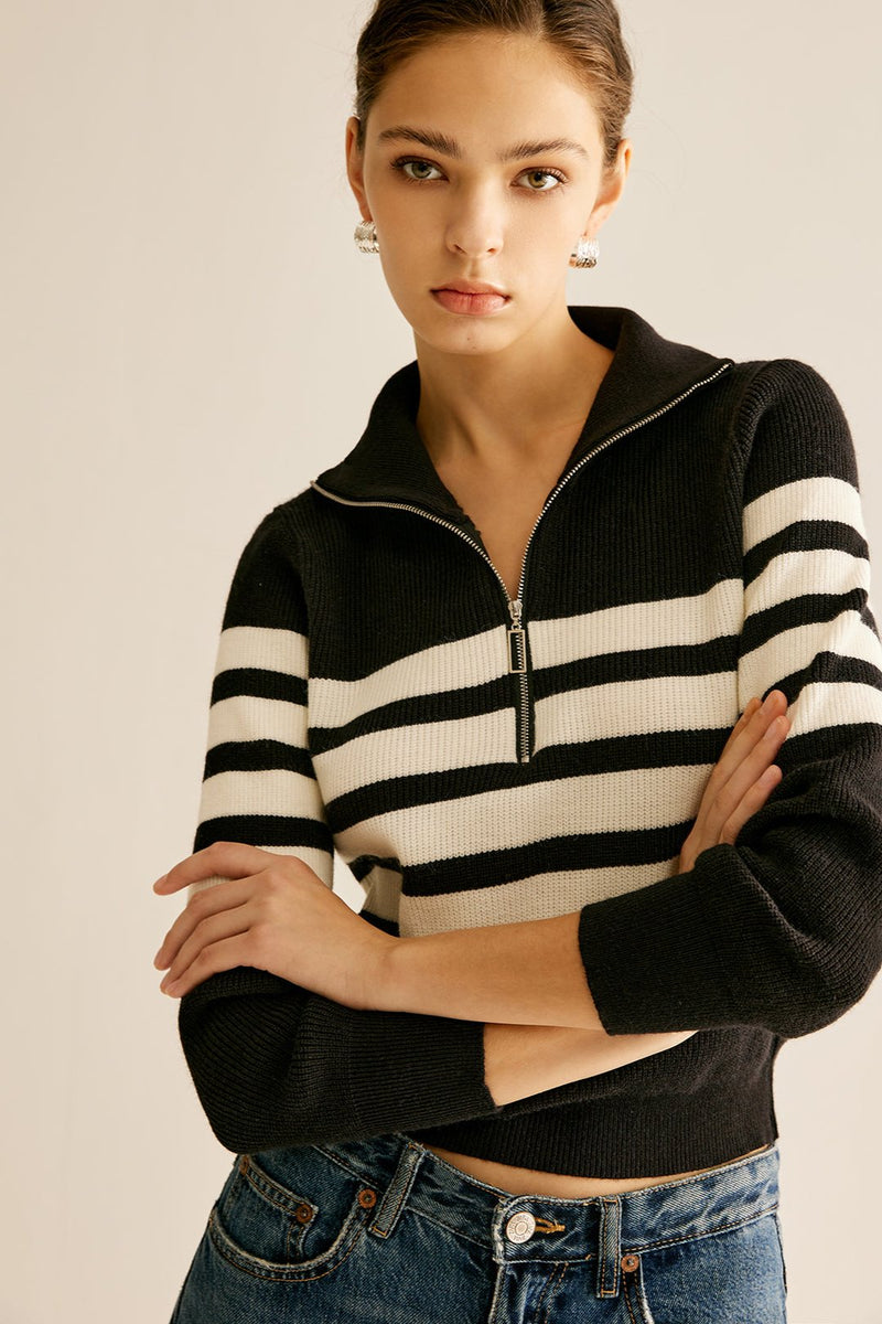 Zipper Striped Knit Sweater - Modern Casual Look