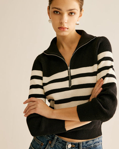 Zipper Striped Knit Sweater - Modern Casual Look