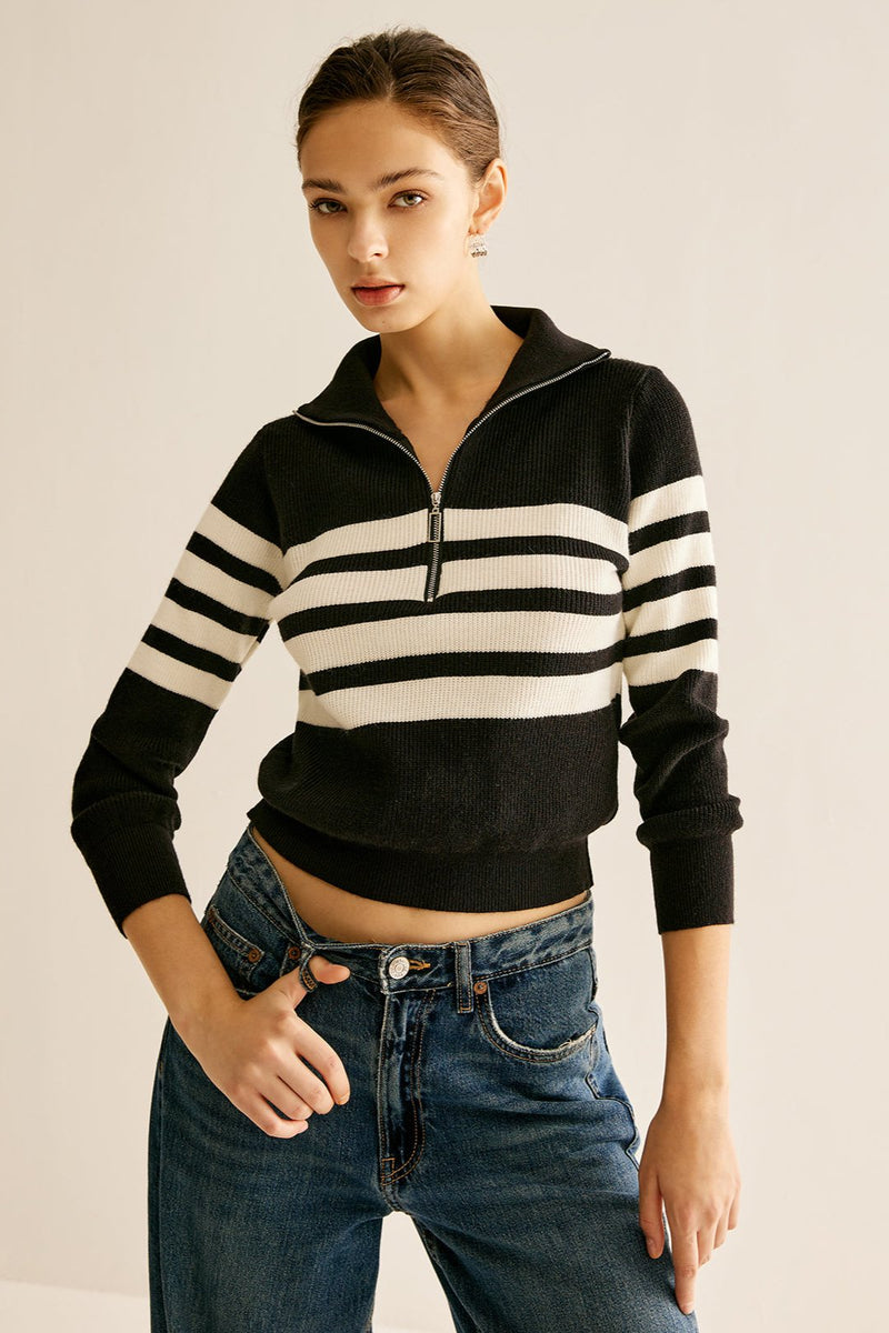 Zipper Striped Knit Sweater - Modern Casual Look