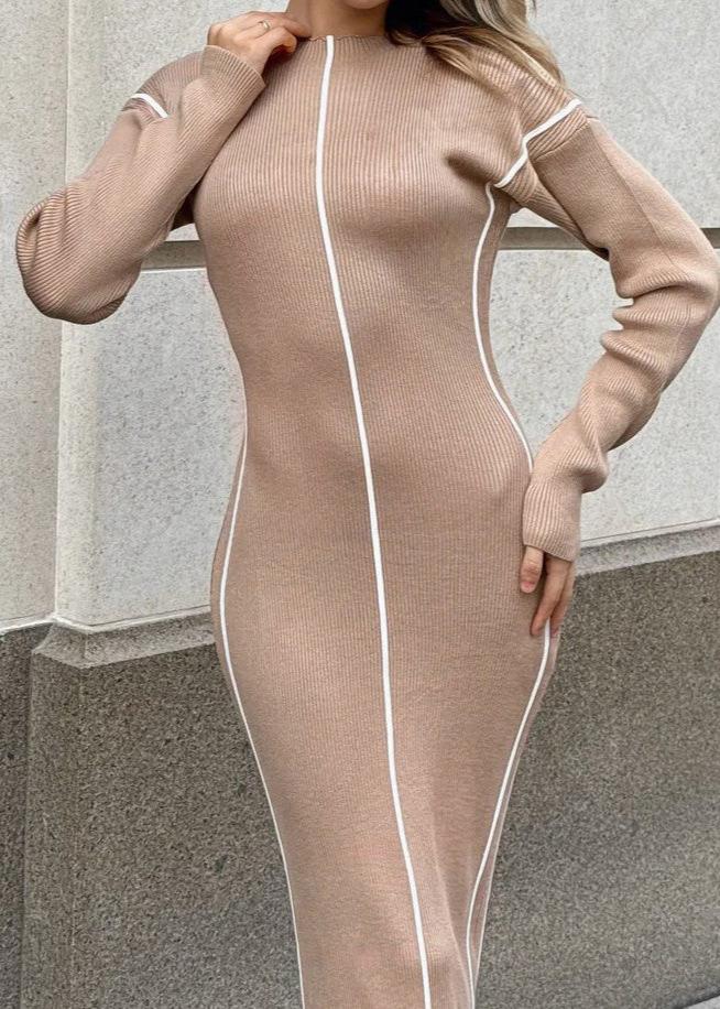 Chic Ribbed Contrast Piping Sweater Dress