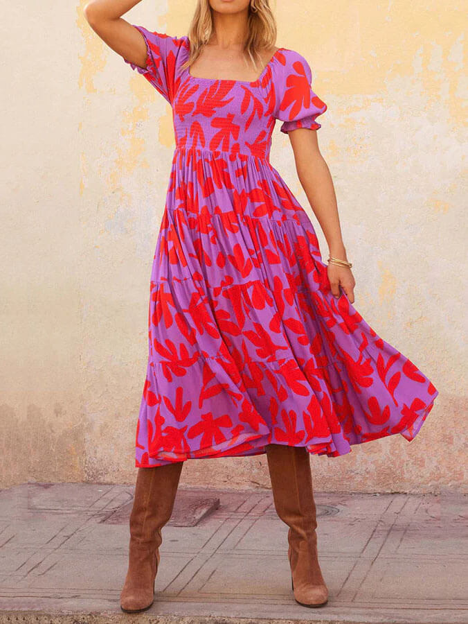 Anya - Puff Sleeve Square Neck Printed Midi Dress - VibeSoothe