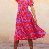 Anya - Puff Sleeve Square Neck Printed Midi Dress - VibeSoothe