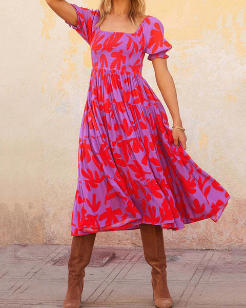 Anya - Puff Sleeve Square Neck Printed Midi Dress - VibeSoothe