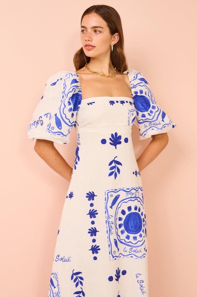 Mediterranean-Puff Sleeve Midi Dress