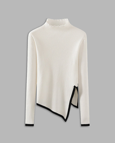 Contrast-Trim Asymmetrical Mock Neck Sweater