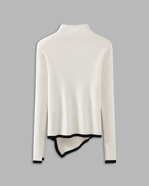 Contrast-Trim Asymmetrical Mock Neck Sweater