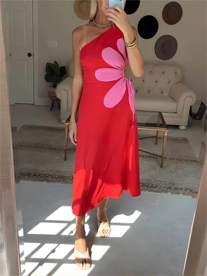 Poppy - Robe midi rouge à une épaule à imprimé floral