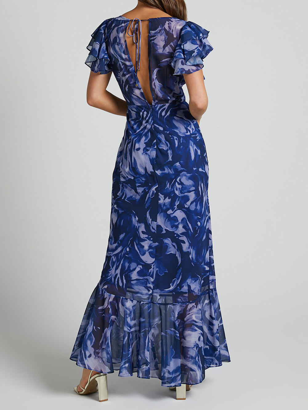 Blue-Swirl V-Neck Flutter-Sleeve Maxi Dress - VibeSoothe