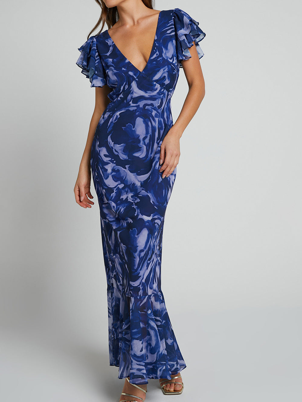 Blue-Swirl V-Neck Flutter-Sleeve Maxi Dress - VibeSoothe