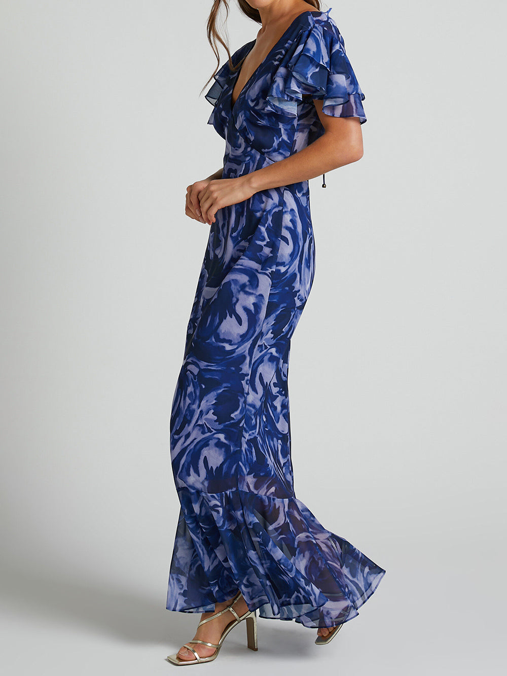 Blue-Swirl V-Neck Flutter-Sleeve Maxi Dress - VibeSoothe