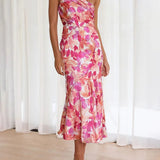 Azalea - Pink Floral One Shoulder Ruched Satin Dress - VibeSoothe