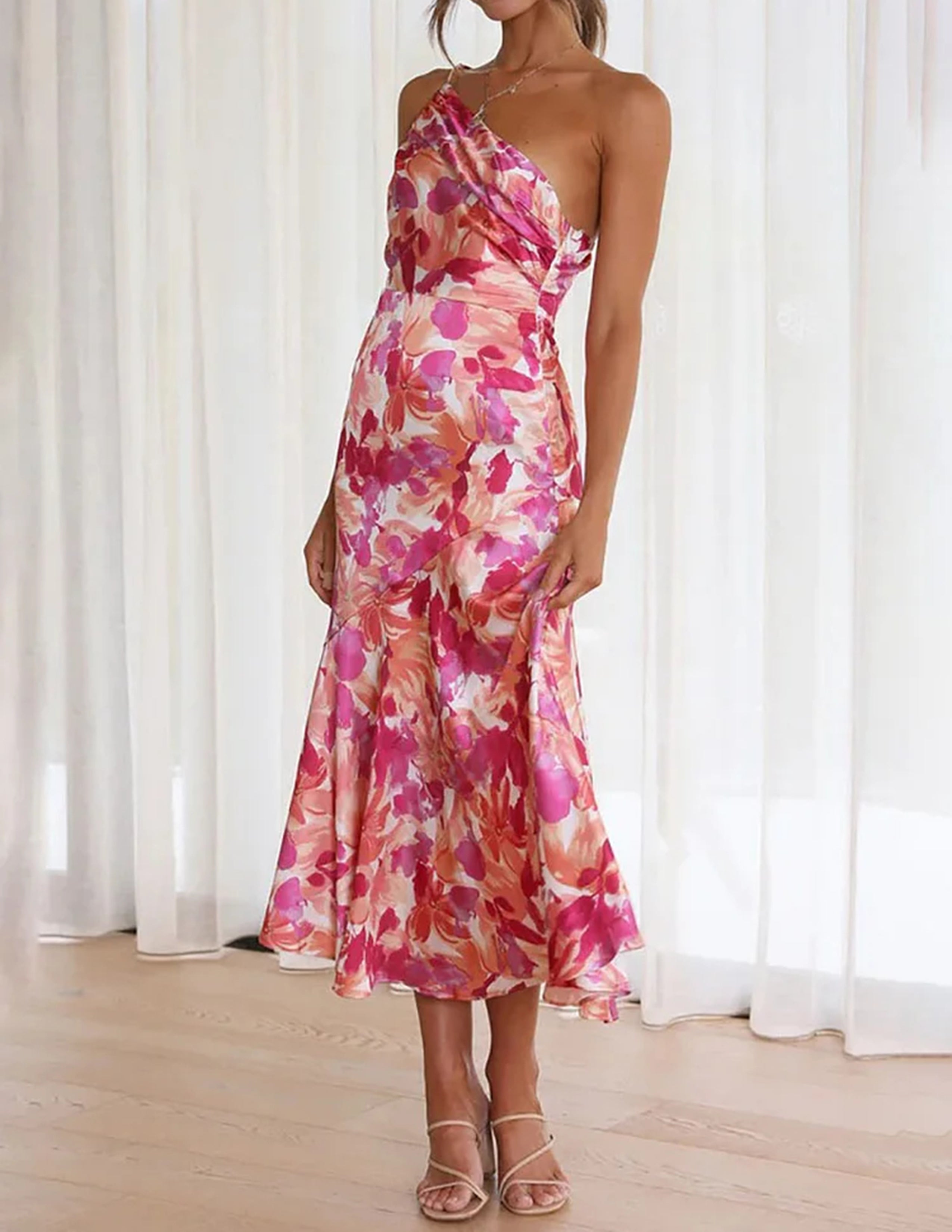 Azalea - Pink Floral One Shoulder Ruched Satin Dress - VibeSoothe