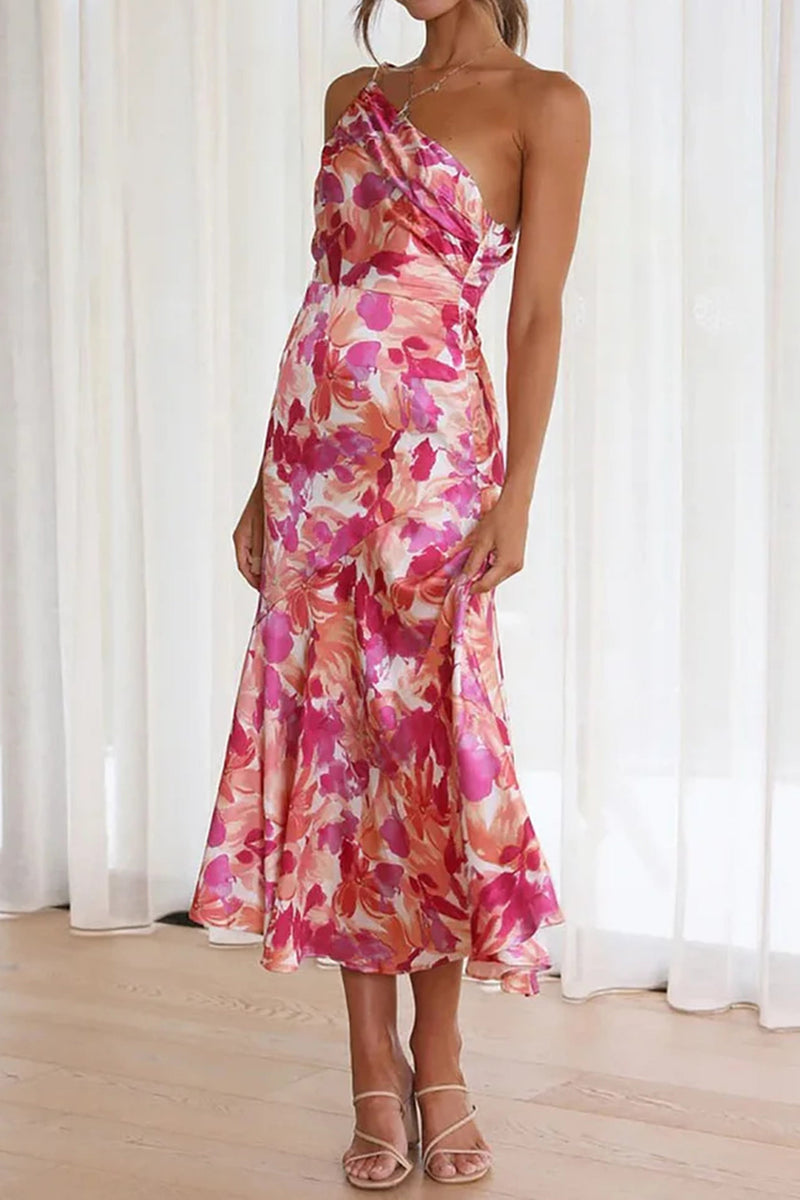 Azalea - Pink Floral One Shoulder Ruched Satin Dress - VibeSoothe