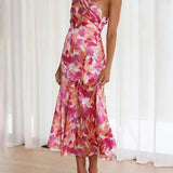 Azalea - Pink Floral One Shoulder Ruched Satin Dress - VibeSoothe