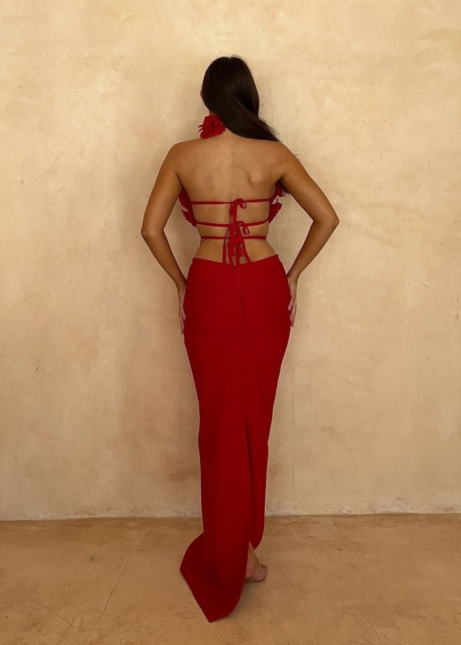 Scarlet Flora Halter Maxi Dress – Open Back Evening Gown