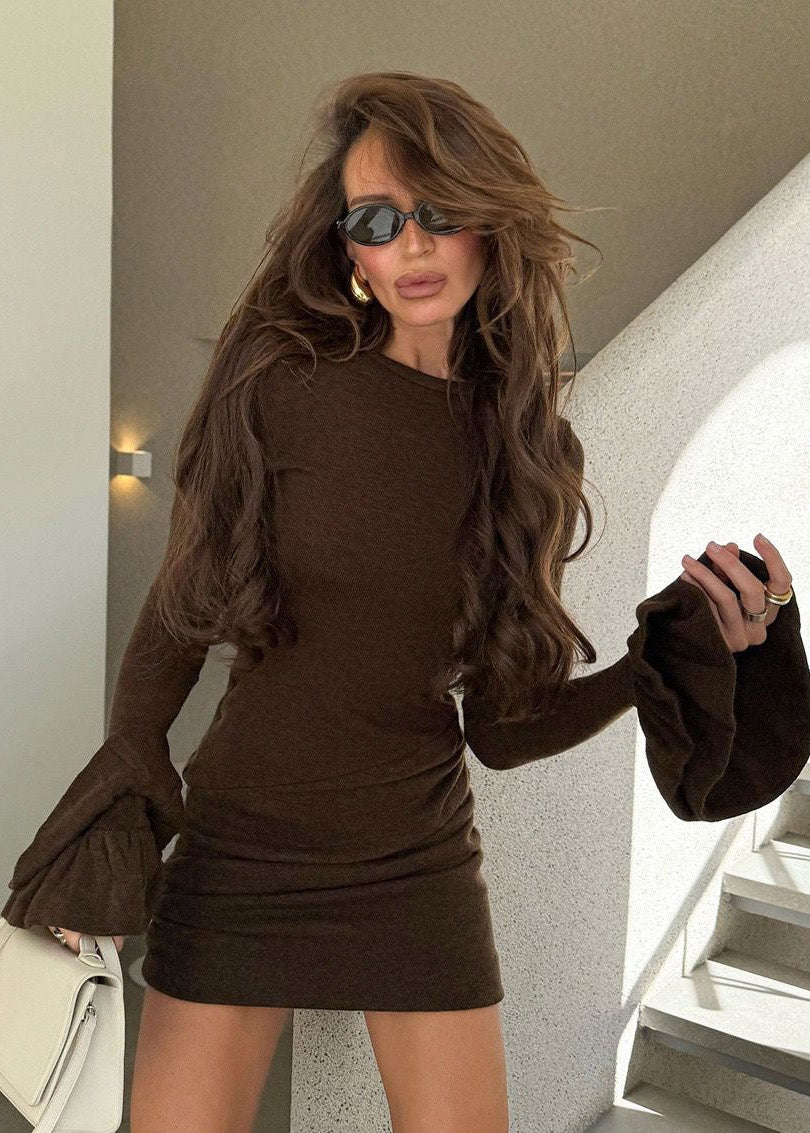 Brown Long Sleeve Bodycon Mini Dress – Soft Stretch Knit