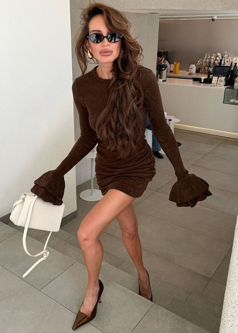 Brown Long Sleeve Bodycon Mini Dress – Soft Stretch Knit