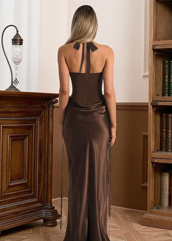Serena Halter Neck Corset Maxi Dress – Brown Satin Evening Gown