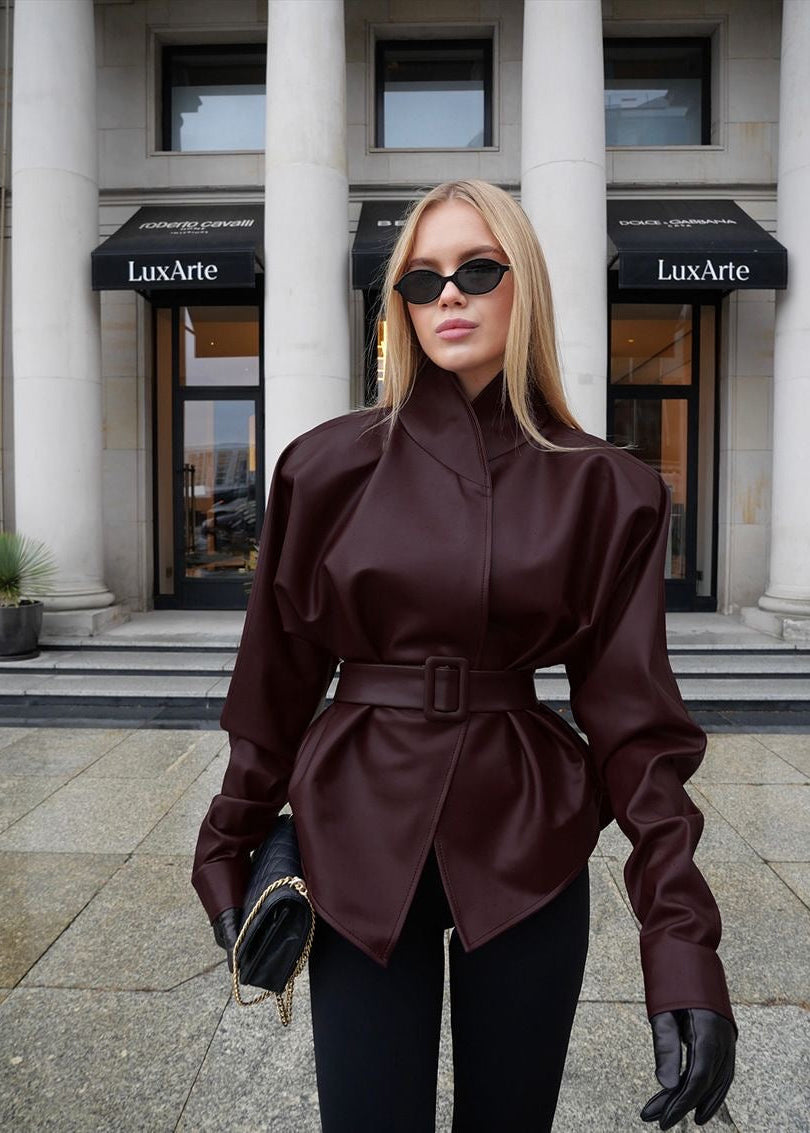 Bordeaux Faux Leather Belted Jacket – Structured Fit