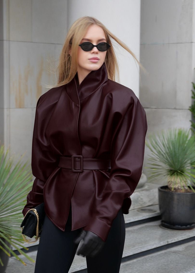 Bordeaux Faux Leather Belted Jacket – Structured Fit