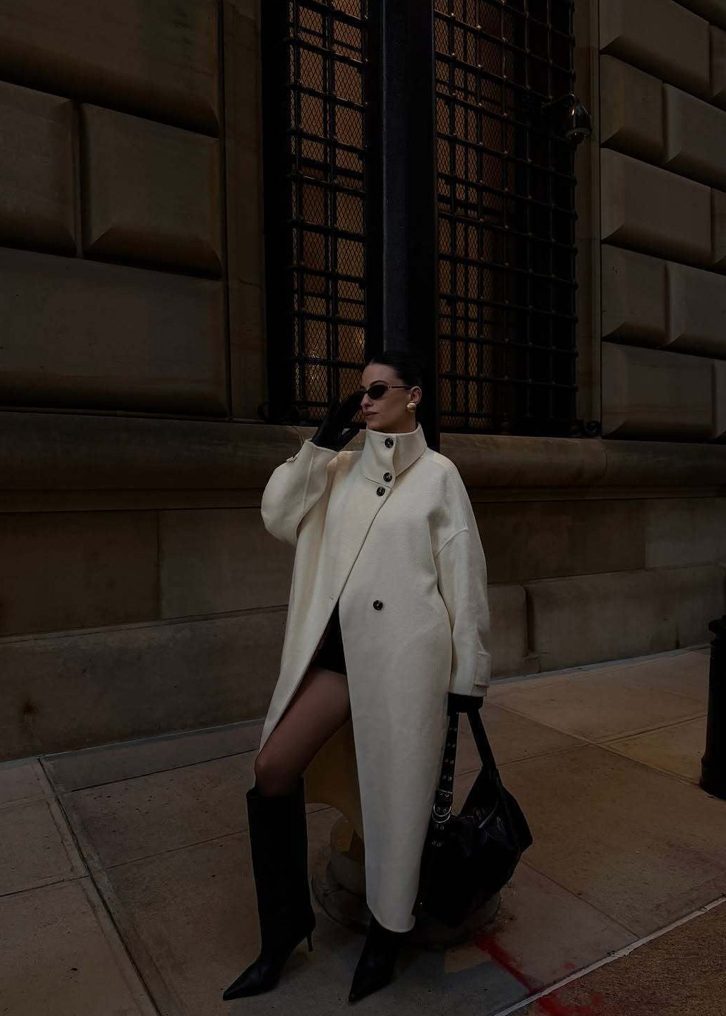 Women’s White Long Wool-Blend Coat with High Collar