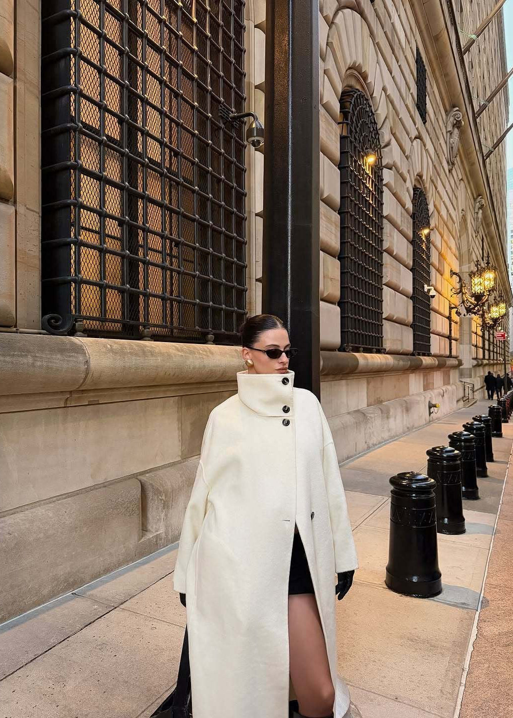 Women’s White Long Wool-Blend Coat with High Collar