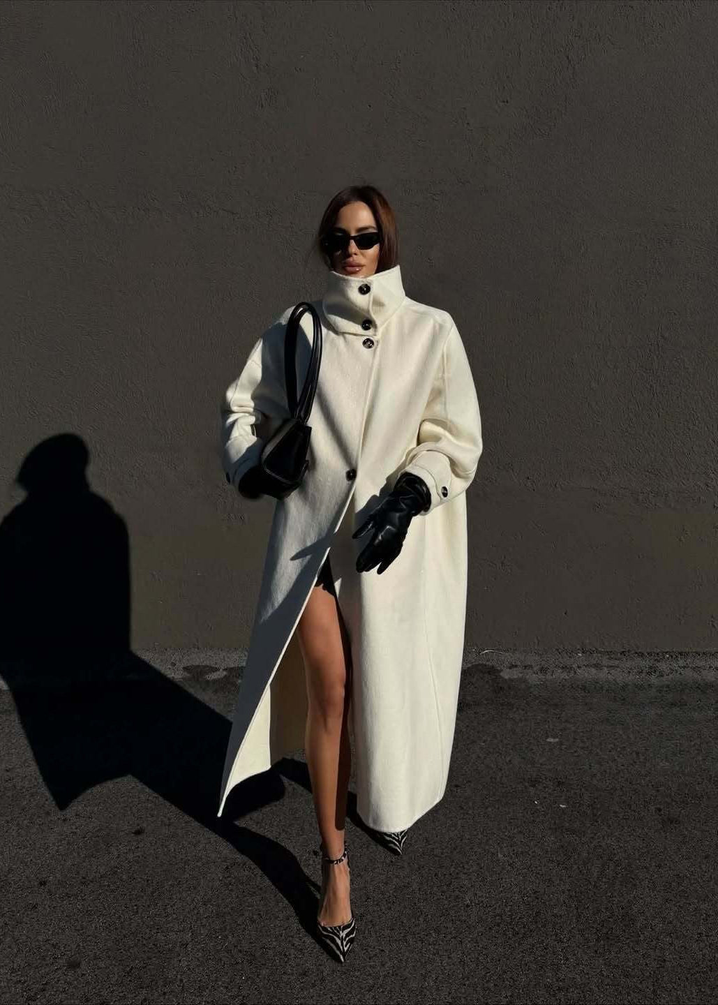 Women’s White Long Wool-Blend Coat with High Collar