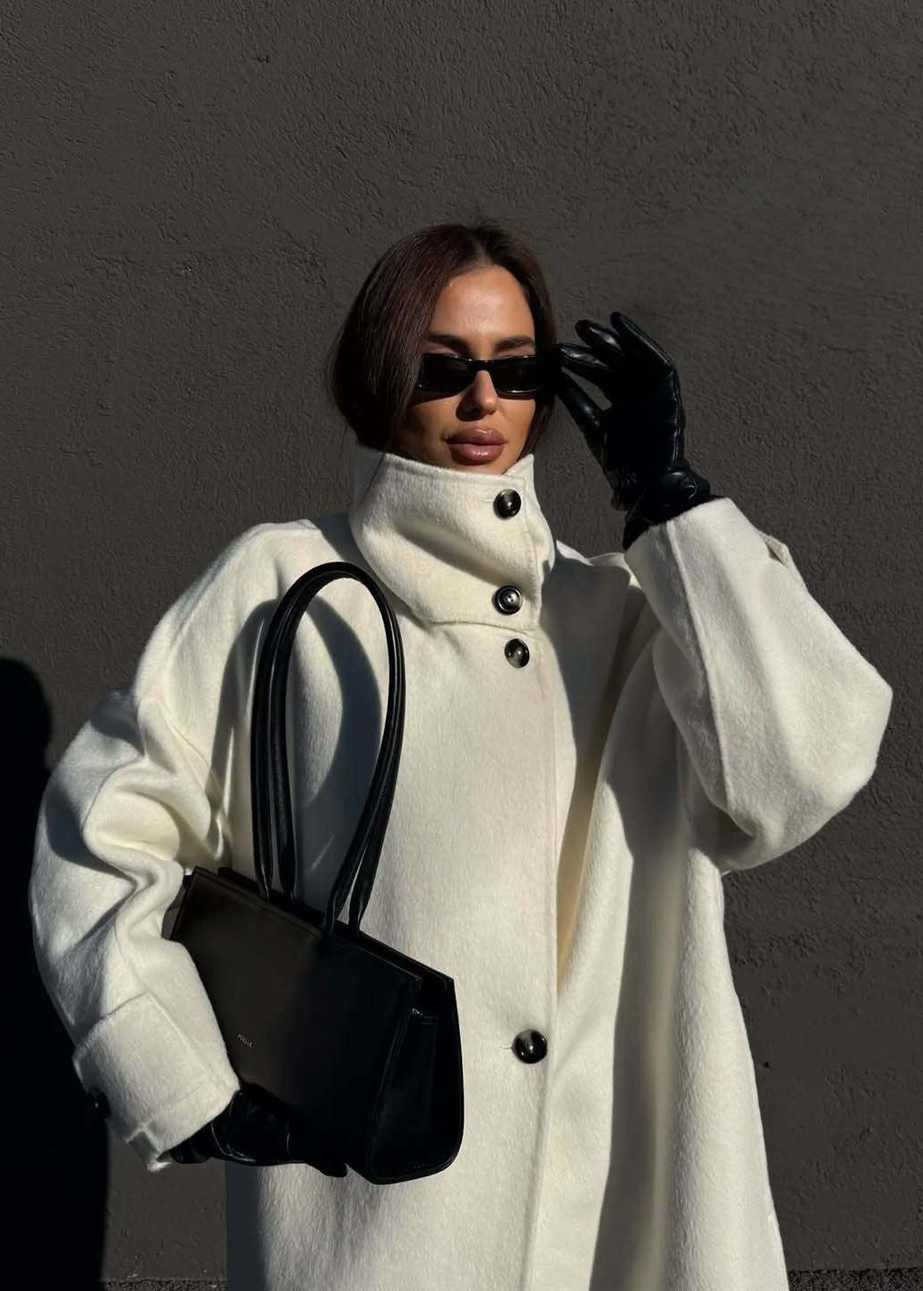 Women’s White Long Wool-Blend Coat with High Collar