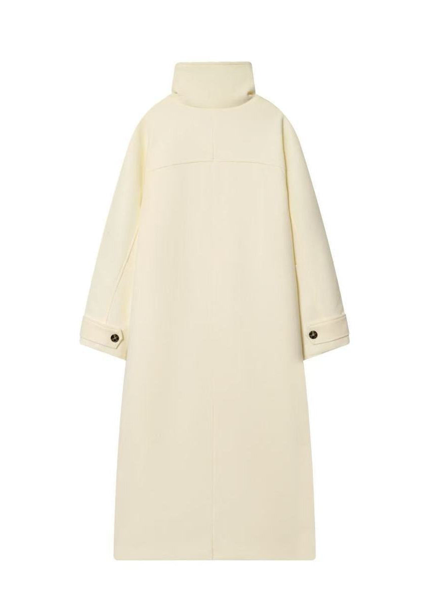 Women’s White Long Wool-Blend Coat with High Collar