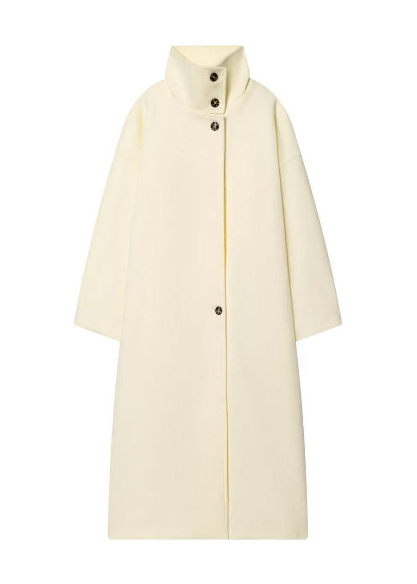 Women’s White Long Wool-Blend Coat with High Collar