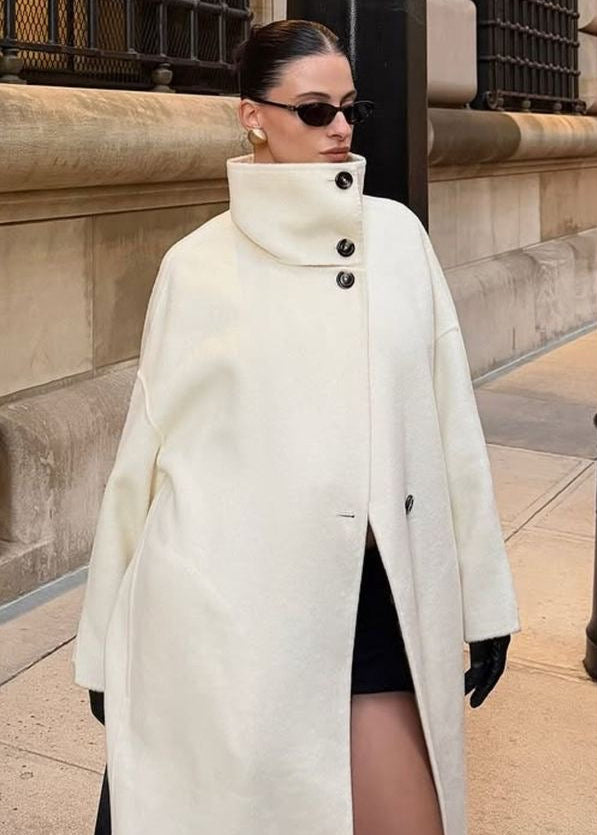 Women’s White Long Wool-Blend Coat with High Collar