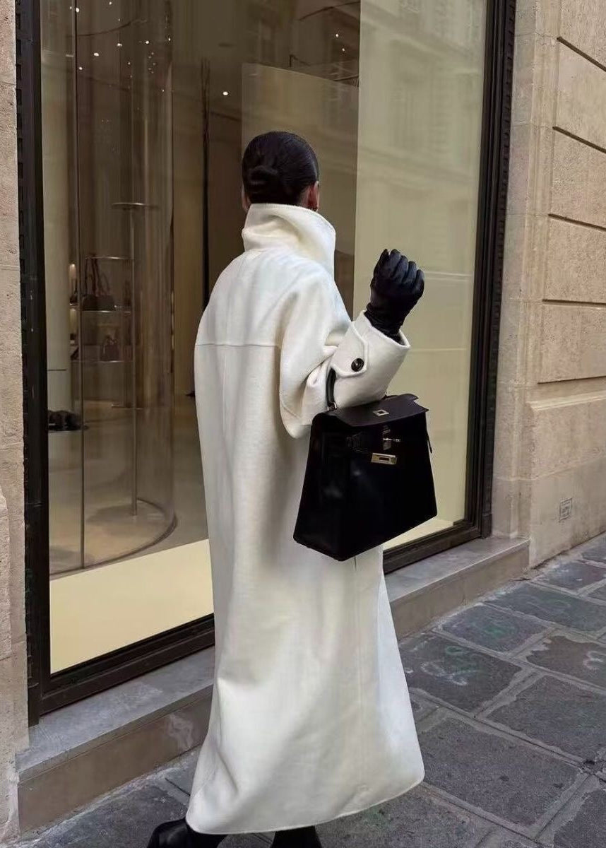 Women’s White Long Wool-Blend Coat with High Collar
