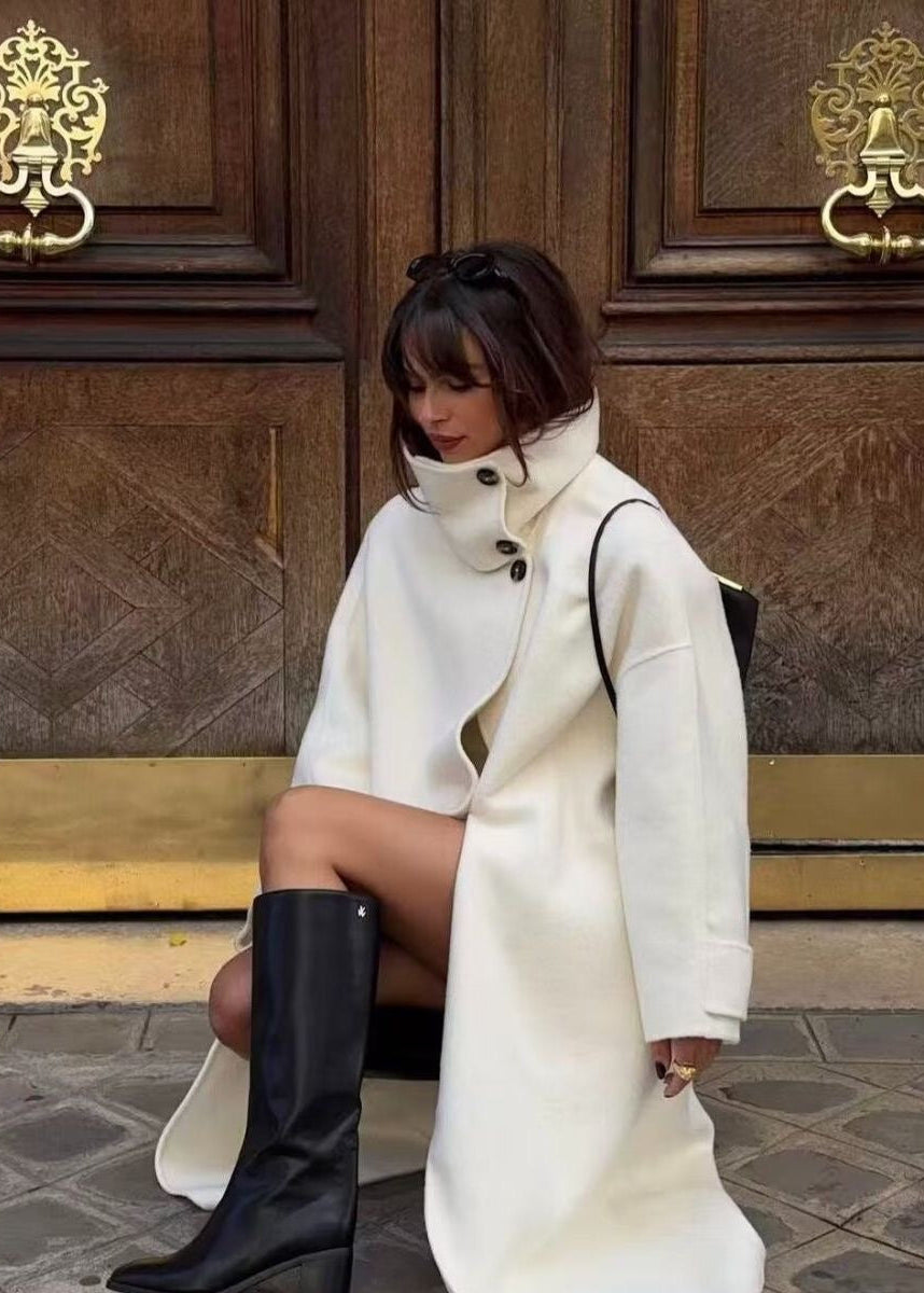 Women’s White Long Wool-Blend Coat with High Collar