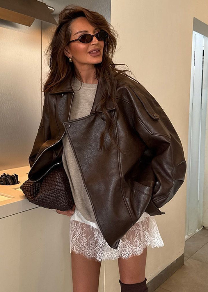 Brown Faux Leather Belted Jacket – Structured Fit Women’s Statement Outerwear