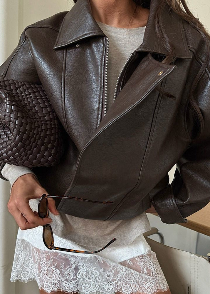 Brown Faux Leather Belted Jacket – Structured Fit Women’s Statement Outerwear