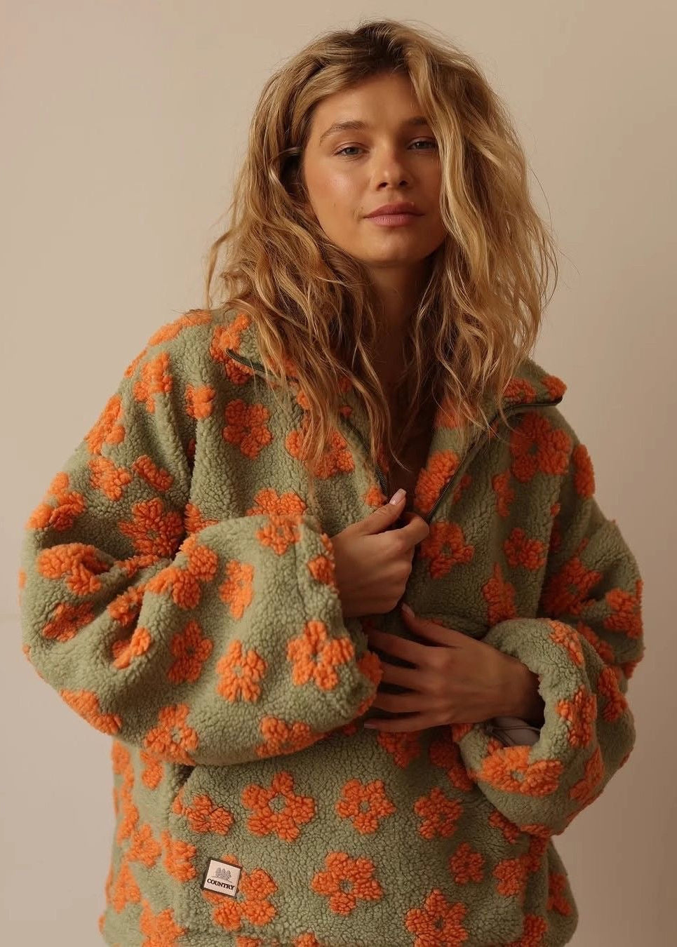 Floral Sherpa Half-Zip Pullover Jacket – Cozy Oversized Fleece Top