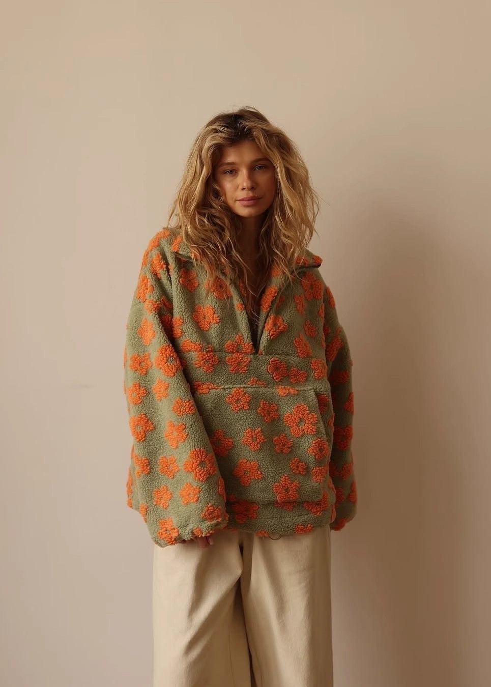 Floral Sherpa Half-Zip Pullover Jacket – Cozy Oversized Fleece Top