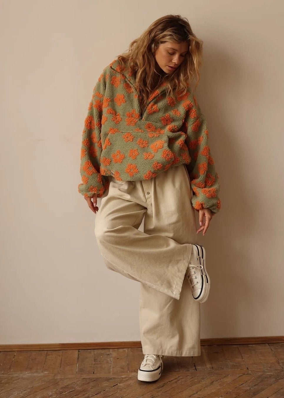 Floral Sherpa Half-Zip Pullover Jacket – Cozy Oversized Fleece Top