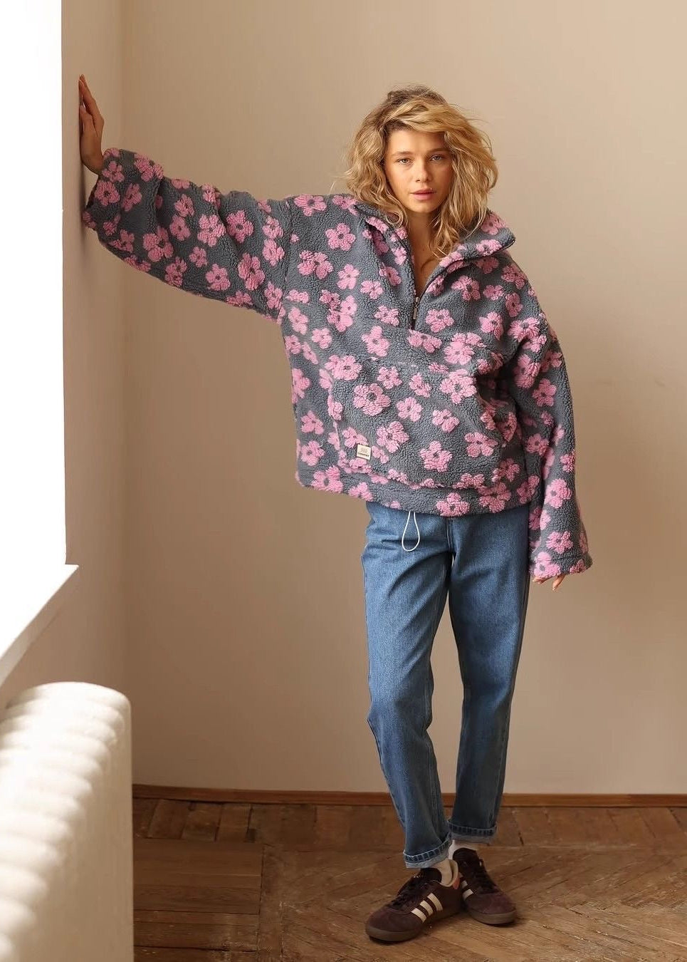 Floral Sherpa Half-Zip Pullover Jacket – Cozy Oversized Fleece Top