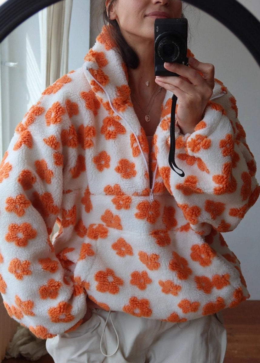 Floral Sherpa Half-Zip Pullover Jacket – Cozy Oversized Fleece Top