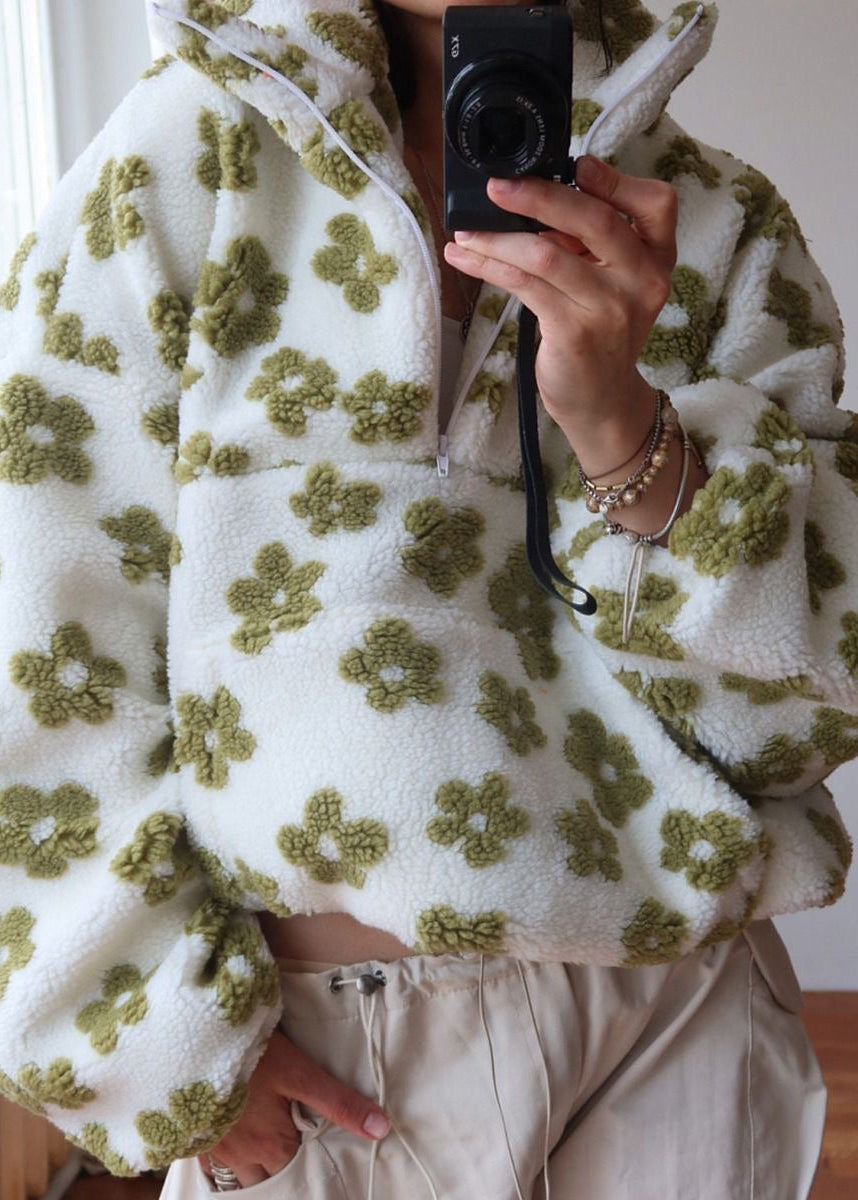 Floral Sherpa Half-Zip Pullover Jacket – Cozy Oversized Fleece Top