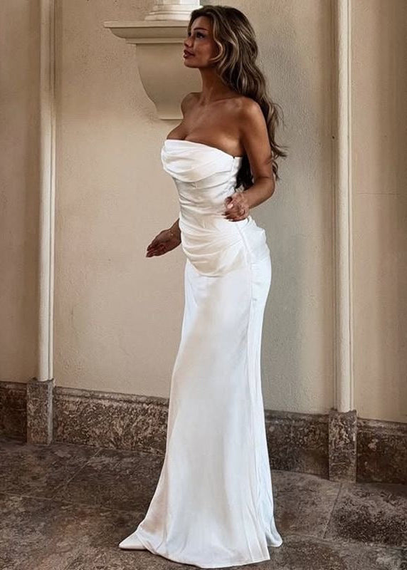 Ivory Draped Strapless Satin Maxi Dress