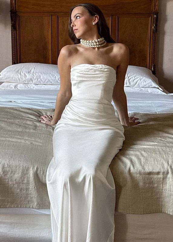 Ivory Draped Strapless Satin Maxi Dress