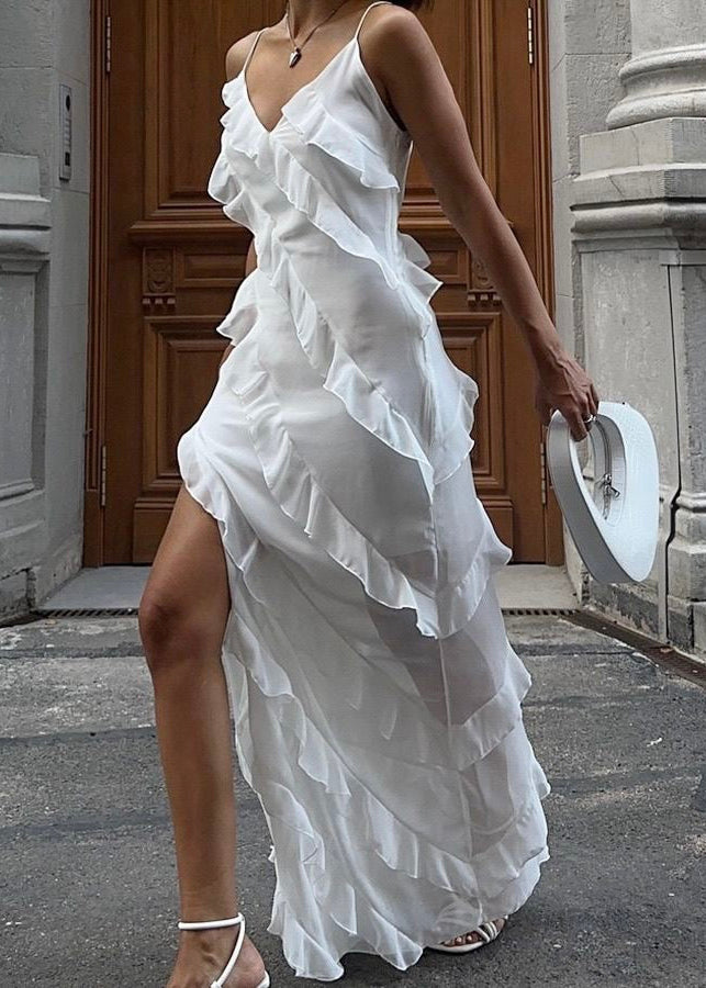 White Ruffled Chiffon Maxi Dress – Spaghetti Strap Layered Evening & Summer Dress