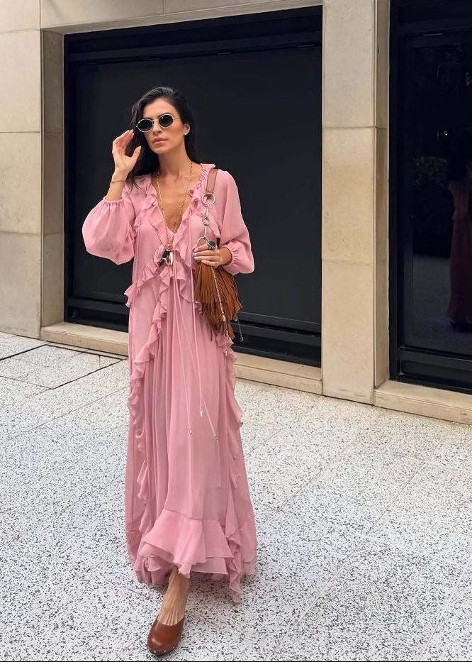 Pink Ruffle Chiffon Maxi Dress for Women – V-Neck Long Sleeve Flowy Evening Dress