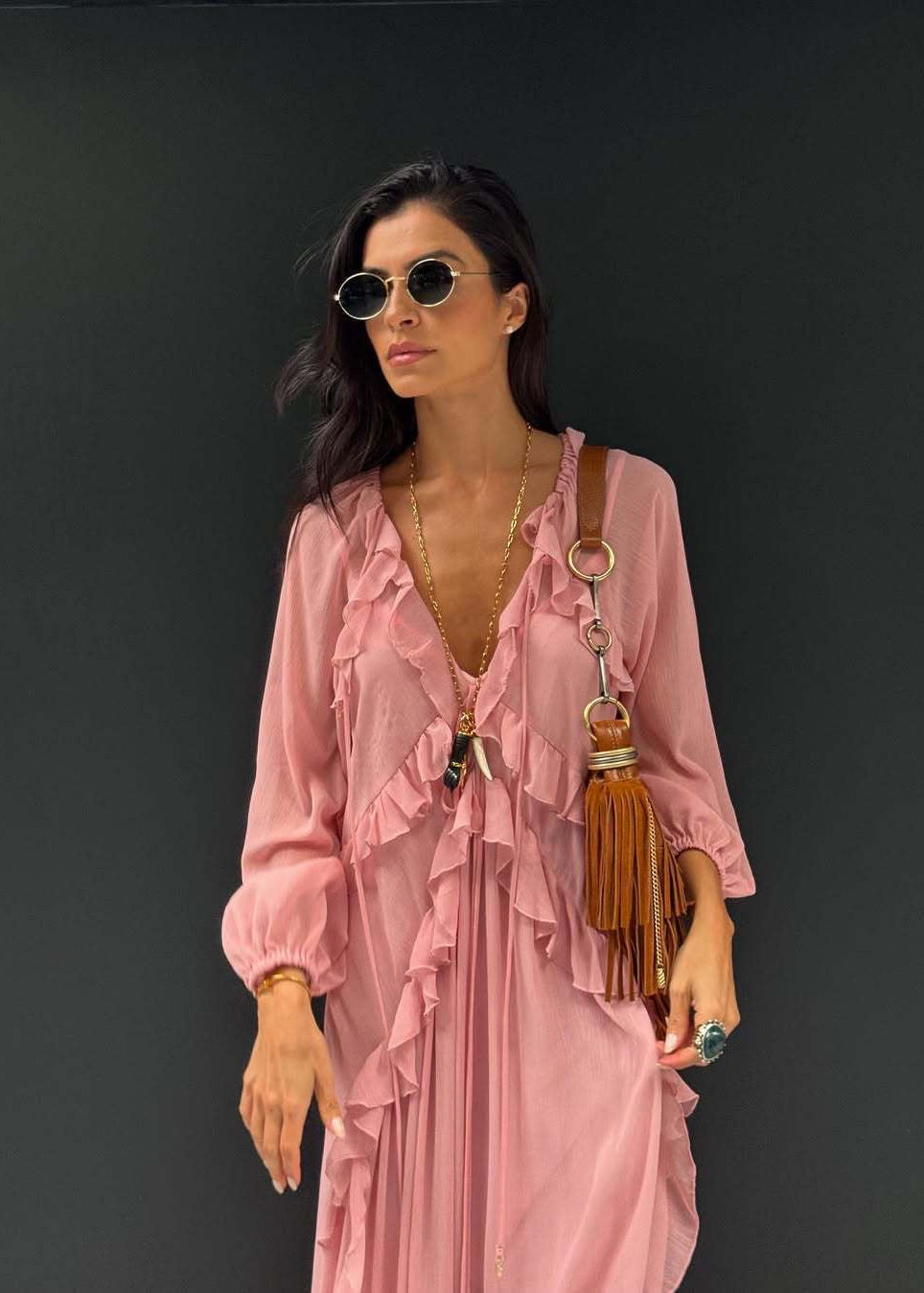 Pink Ruffle Chiffon Maxi Dress for Women – V-Neck Long Sleeve Flowy Evening Dress